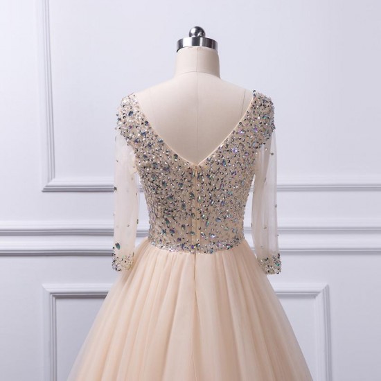 Beaded Crystal Half Sleeve Champagne Prom Dress