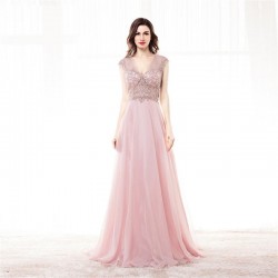 V-neck Beading Bodice A-line Pink Prom Dress