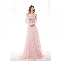 V-neck Beading Bodice A-line Pink Prom Dress