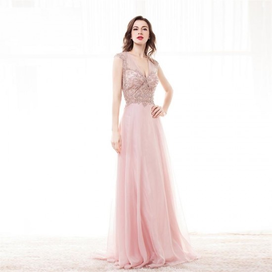 V-neck Beading Bodice A-line Pink Prom Dress