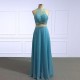 O Neck Yellow Long Chiffon Party Gowns Beads Prom Dress