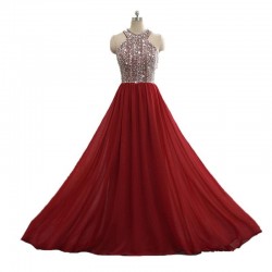 Burgundy Sleeveless Beadings Chiffon Long Prom Dress