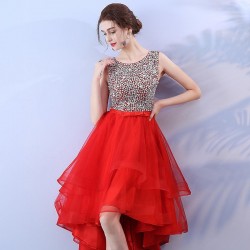 Red Prom Dresses Short Scoop Tulle Beading Casual Gowns