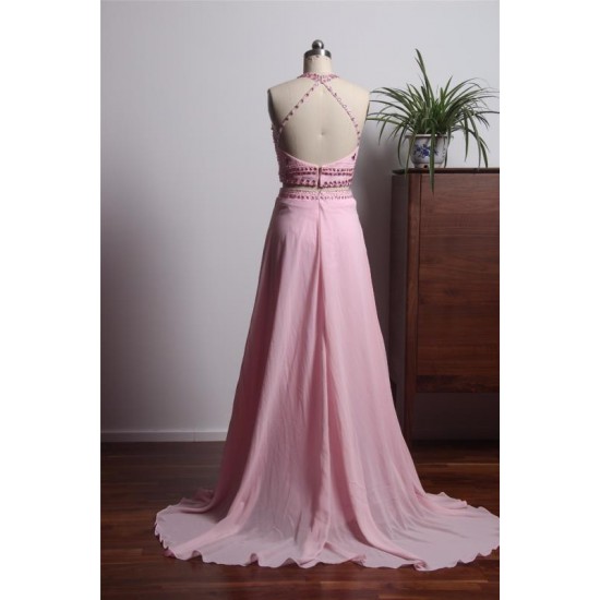 Elegant Pink Prom Dress Long Beading Halter Chiffon Homecoming Dress