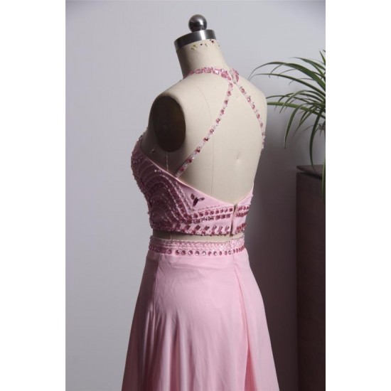 Elegant Pink Prom Dress Long Beading Halter Chiffon Homecoming Dress