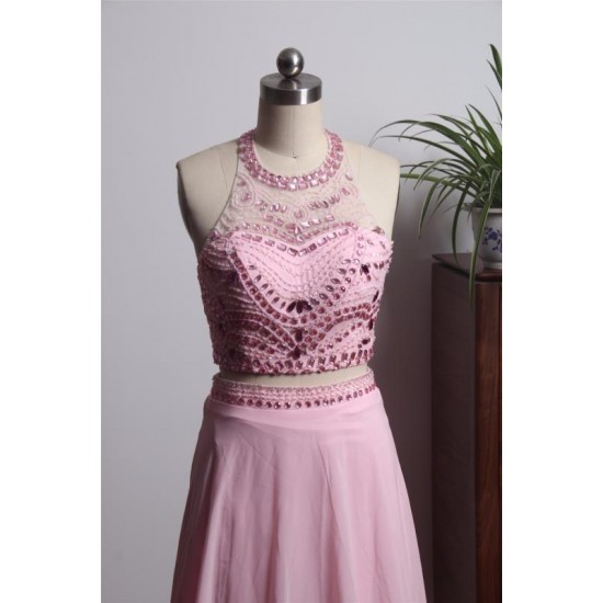 Elegant Pink Prom Dress Long Beading Halter Chiffon Homecoming Dress