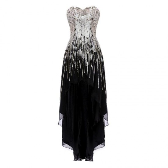 Sequined Prom Dress Strapless Floor-length High Low Party Dress