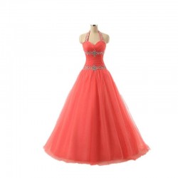 Long Halter Tulle Beaded Lace-Up Sweet Prom Dress