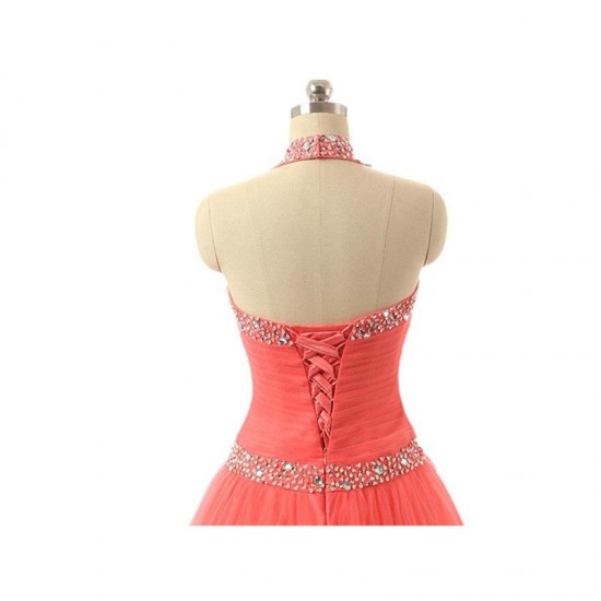 Long Halter Tulle Beaded Lace-Up Sweet Prom Dress Long Halter Tulle Beaded Lace-Up Sweet Prom Dress