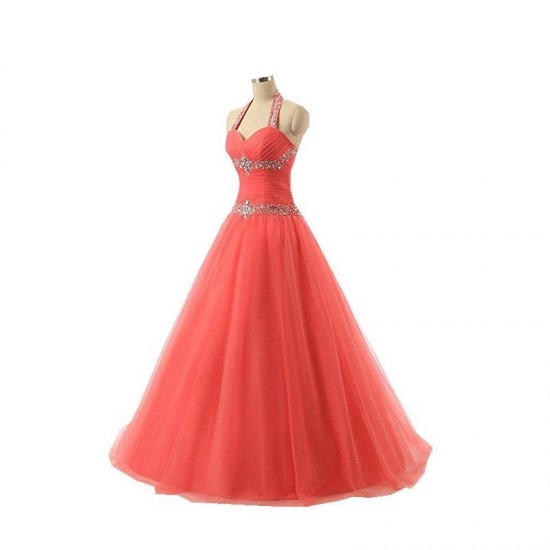 Long Halter Tulle Beaded Lace-Up Sweet Prom Dress