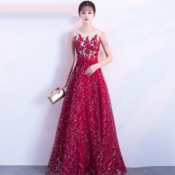 Vintage Long Dark Red Sequin Tulle Formal Prom Dress