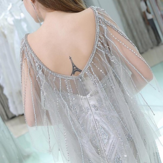 Backless Mermaid Tulle Beading Crystal Scoop Formal Evening Gowns