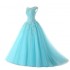 Cap Sleeve Appliques Beading Tulle Prom Dress Long Blue Party Dress