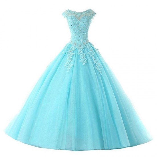 Cap Sleeve Appliques Beading Tulle Prom Dress Long Blue Party Dress