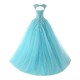 Cap Sleeve Appliques Beading Tulle Prom Dress Long Blue Party Dress