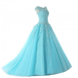 Cap Sleeve Appliques Beading Tulle Prom Dress Long Blue Party Dress