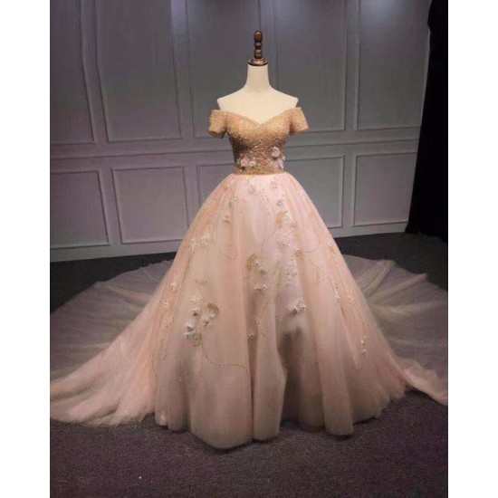 Short Sleeve Ball Gown Prom Dress Beaded Flower Party Gown