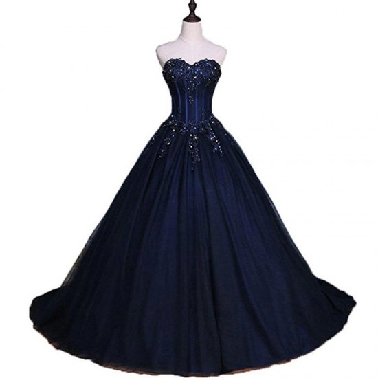 Long Prom Dress Beading Appliques Puffy Formal Dress