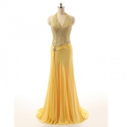 Yellow A-line Halter Chiffon Beaded Backless Long Prom Dress