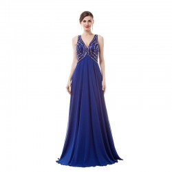 Royal Blue Prom Dress Long Deep V Neck Beading Formal Gowns
