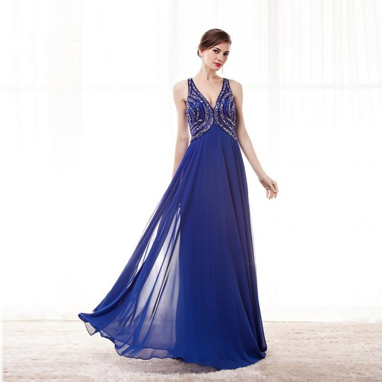 Royal Blue Prom Dress Long Deep V Neck Beading Formal Gowns