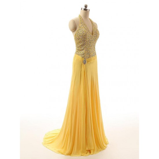 Yellow A-line Halter Chiffon Beaded Backless Long Prom Dress