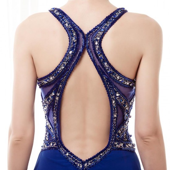 Royal Blue Prom Dress Long Deep V Neck Beading Formal Gowns