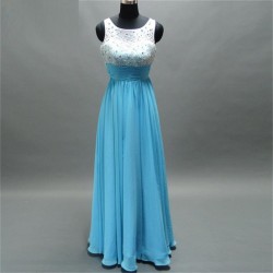 Beaded Sequins Back Long Blue Prom Dress