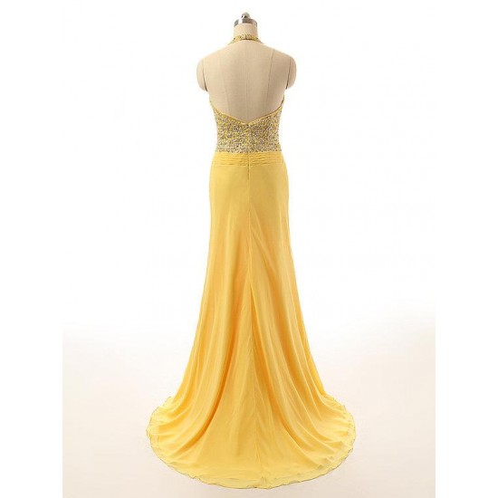 Yellow A-line Halter Chiffon Beaded Backless Long Prom Dress