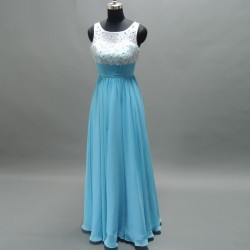 Beaded Sequins Back Long Blue Prom Dress