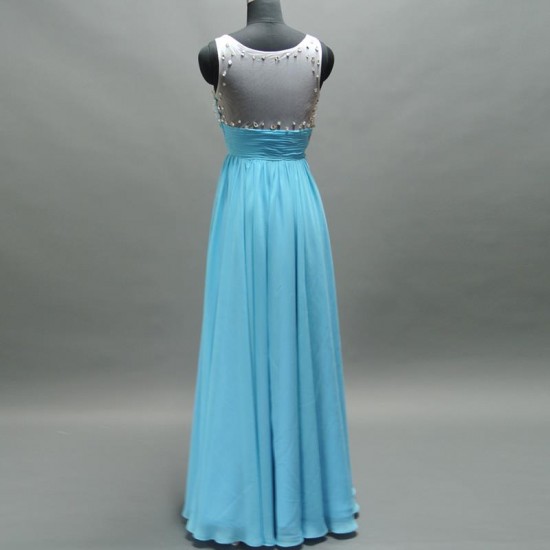 Beaded Sequins Back Long Blue Prom Dress