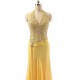 Yellow A-line Halter Chiffon Beaded Backless Long Prom Dress