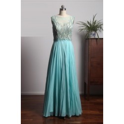 Long Prom Dress Scoop Sleeveless A-Line Beaded Chiffon Evening Dresses
