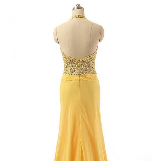 Yellow A-line Halter Chiffon Beaded Backless Long Prom Dress