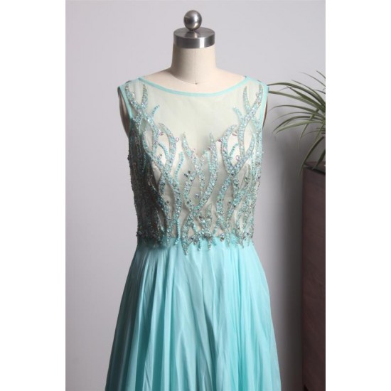 Long Prom Dress Scoop Sleeveless A-Line Beaded Chiffon Evening Dresses