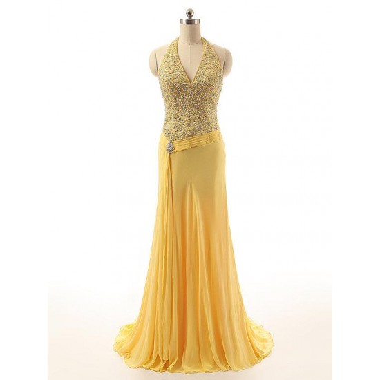 Yellow A-line Halter Chiffon Beaded Backless Long Prom Dress