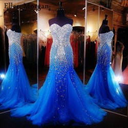 Blue Mermaid Prom Dress Lace up Beaded Formal Gowns