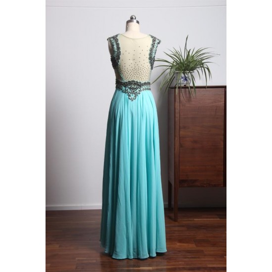 Scoop Cap Sleeve A-Line Floor Length Beading Long Evening Dress