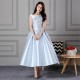 Blue Floral Draped Taffeta Tea-Length Prom Dress