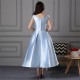 Blue Floral Draped Taffeta Tea-Length Prom Dress
