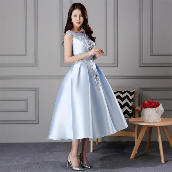 Blue Floral Draped Taffeta Tea-Length Prom Dress