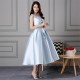 Blue Floral Draped Taffeta Tea-Length Prom Dress