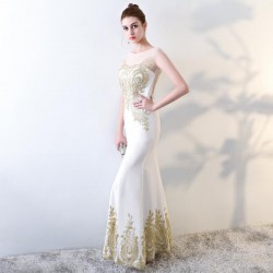 Long White Formal Party Evening Gowns Scoop Appliques