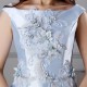 Blue Floral Draped Taffeta Tea-Length Prom Dress