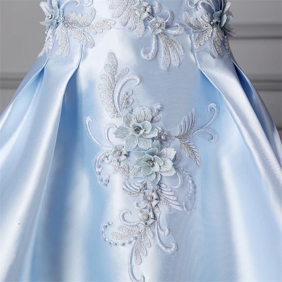 Blue Floral Draped Taffeta Tea-Length Prom Dress