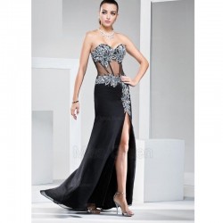 A Line Sweetheart Black Chiffon Long Sexy Prom Dress Side Split