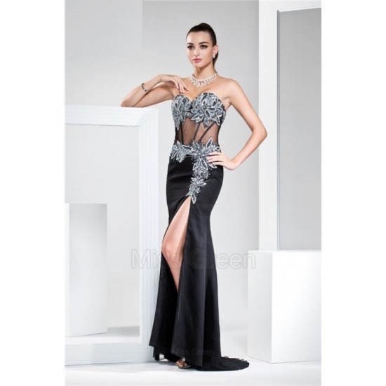 A Line Sweetheart Black Chiffon Long Sexy Prom Dress Side Split