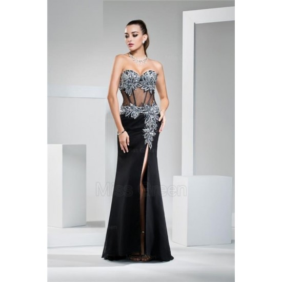 A Line Sweetheart Black Chiffon Long Sexy Prom Dress Side Split