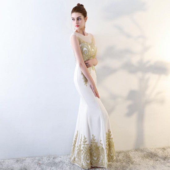 Long White Formal Party Evening Gowns Scoop Appliques