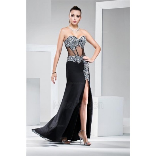 A Line Sweetheart Black Chiffon Long Sexy Prom Dress Side Split